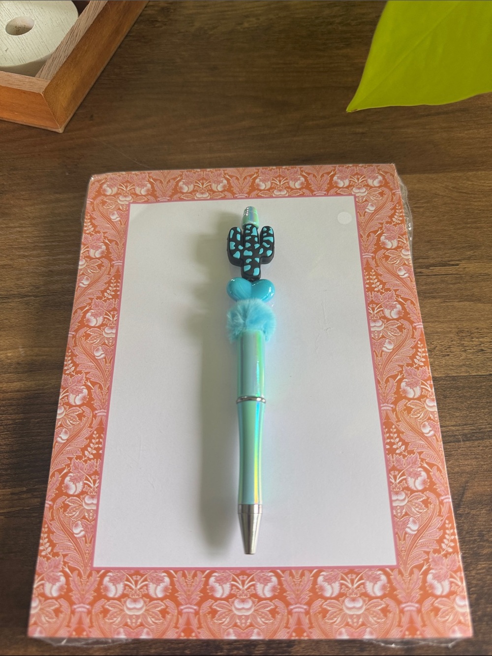 Aqua Iridescent Pom Pom Pen with Cactus Charm